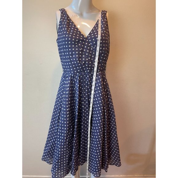 Nine West Womens Polka Dots Fit & Flare Dress Back Zip V Neck 100% Cotton Navy 4 - Picture 3 of 9